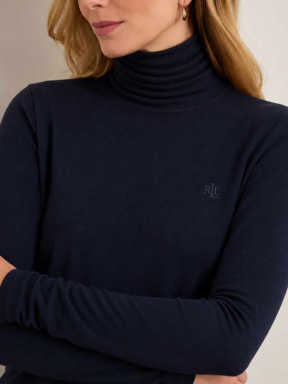 Lauren Ralph Lauren Silk Blend Turtleneck Sweater Navy Blue Logo Women Size 2X